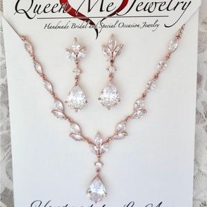 Dainty Cz Leaf Marquis Diamond Bridal Necklace and Teardrop Earrings